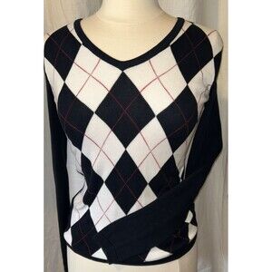 Tommy Hilfiger Argyle Plaid Sweater Women XS Navy Blue V-neck Long Sleeve Preppy